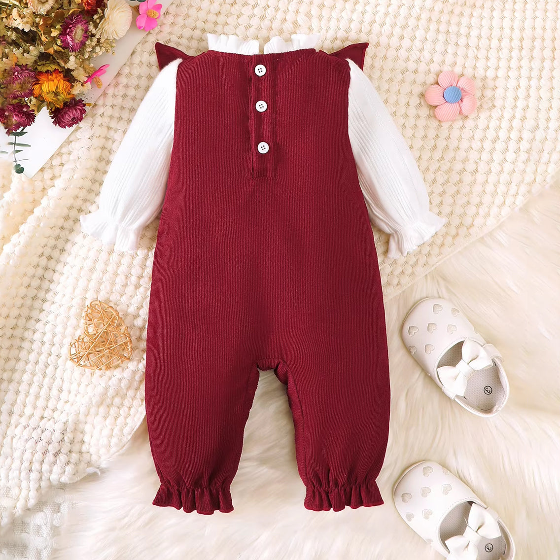 Color Block Ruffle Bow Decor Long Sleeve Baby Girl Jumpsuit