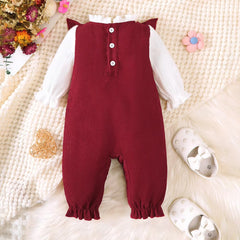 Color Block Ruffle Bow Decor Long Sleeve Baby Girl Jumpsuit