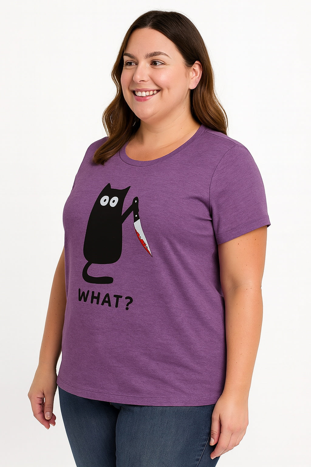 What? Hot Sale Funny Cat Printed Fashion Plus Size T-Shirt