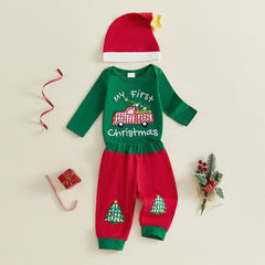 3PCS Cute My First Christmas Letter Tractor Tree Embroidered Baby Boy Set