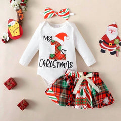 3PCS My 1st Christmas Letter Reindeer Plaid Print Long Sleeve Baby Set