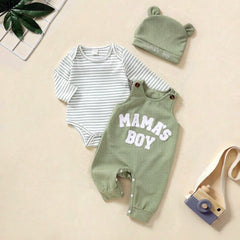 3PCS Mama's Boy Letter Applique Striped Long Sleeve Overalls Baby Set