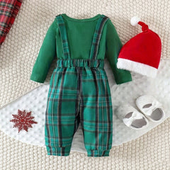 3PCS Cute My 1st Christmas Letter Tractor Plaid Print Baby Overalls Set