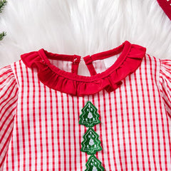 Lovely Christmas Tree Applique Plaid Printed Long Sleeve Baby Romper
