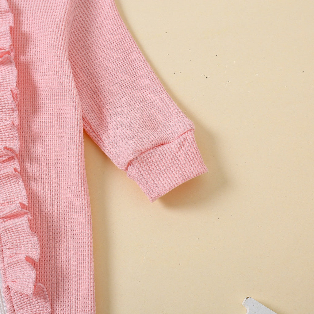 2PCS Solid Color Long Sleeve Ruffle Zipper Baby Jumpsuit