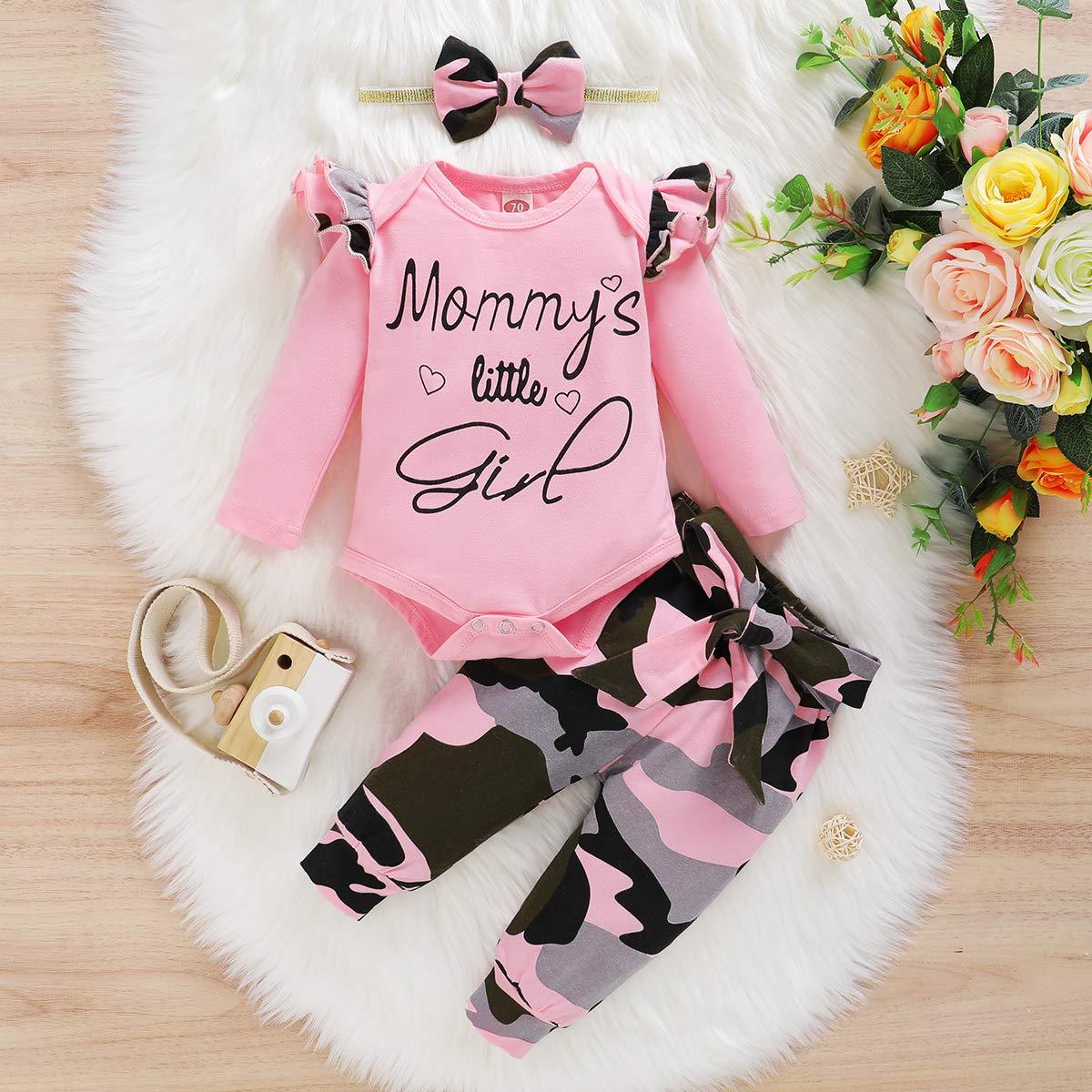 3PCS Mommy's Little Girl Letter Printed Rufffled Romper With Camouflage Printed Pants Baby Girl Set