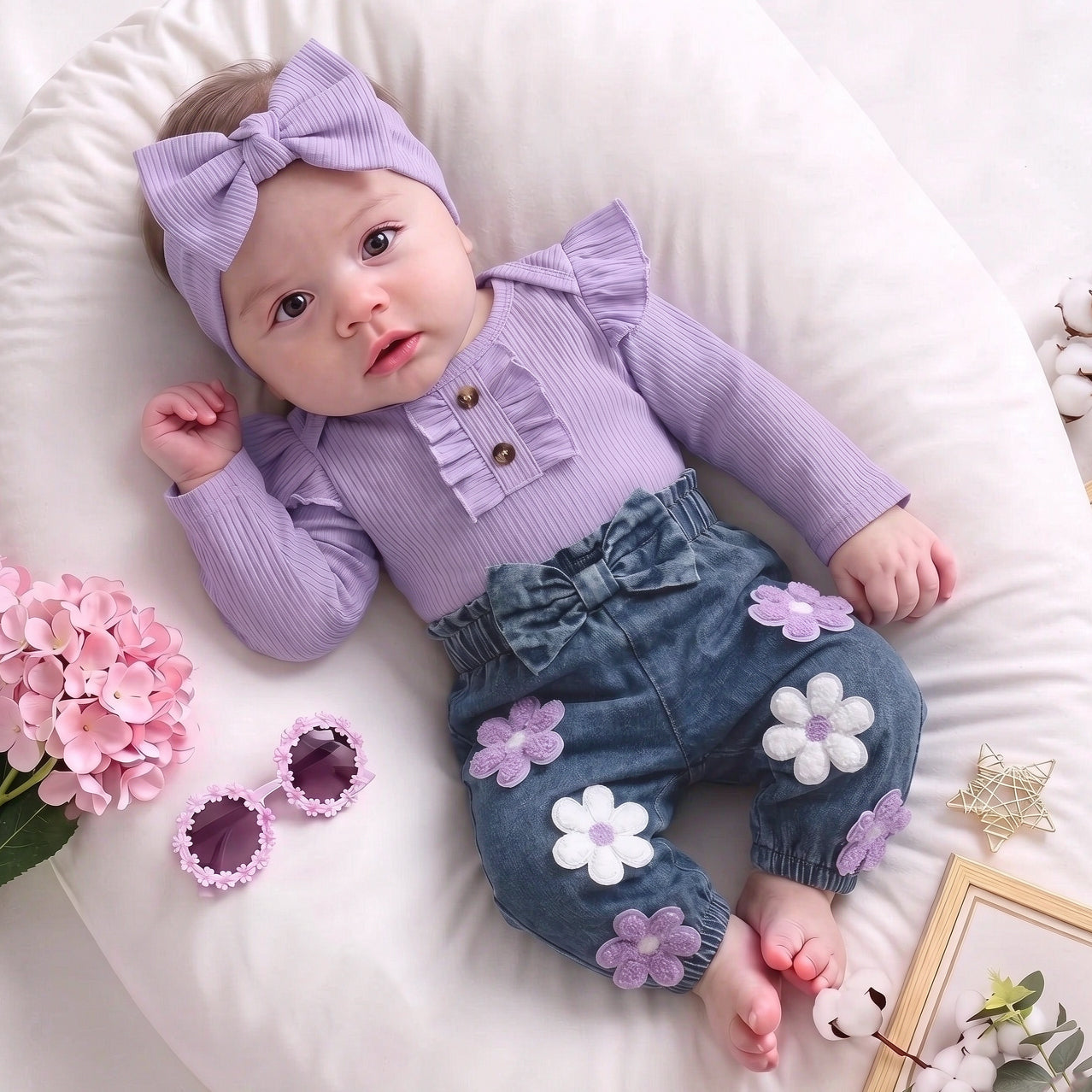 2PCS Pretty Floral Applique Long Sleeve Baby Girl Denim Set Secondary image