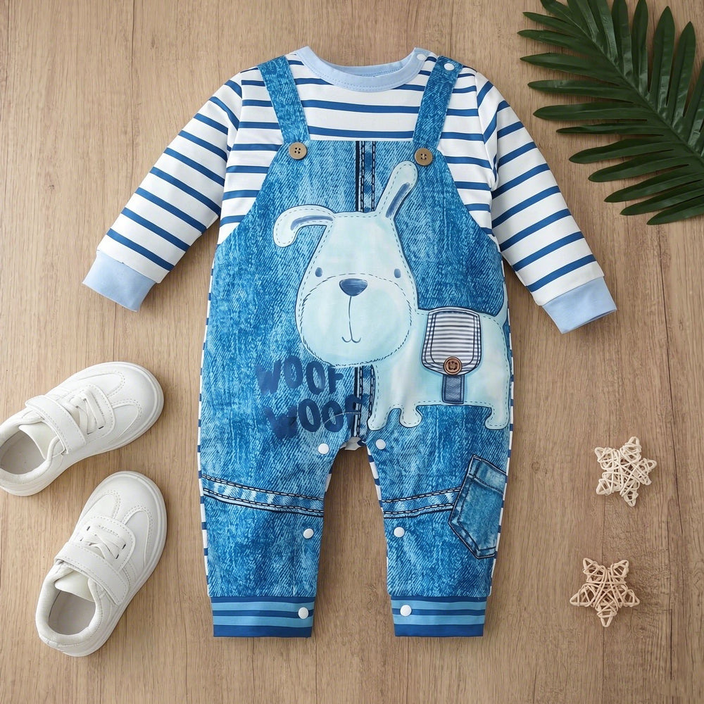 Lovely Puppy Stripe Print Faux Two Piece Baby Boy Jumpsuit