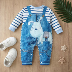 Lovely Puppy Stripe Print Faux Two Piece Baby Boy Jumpsuit
