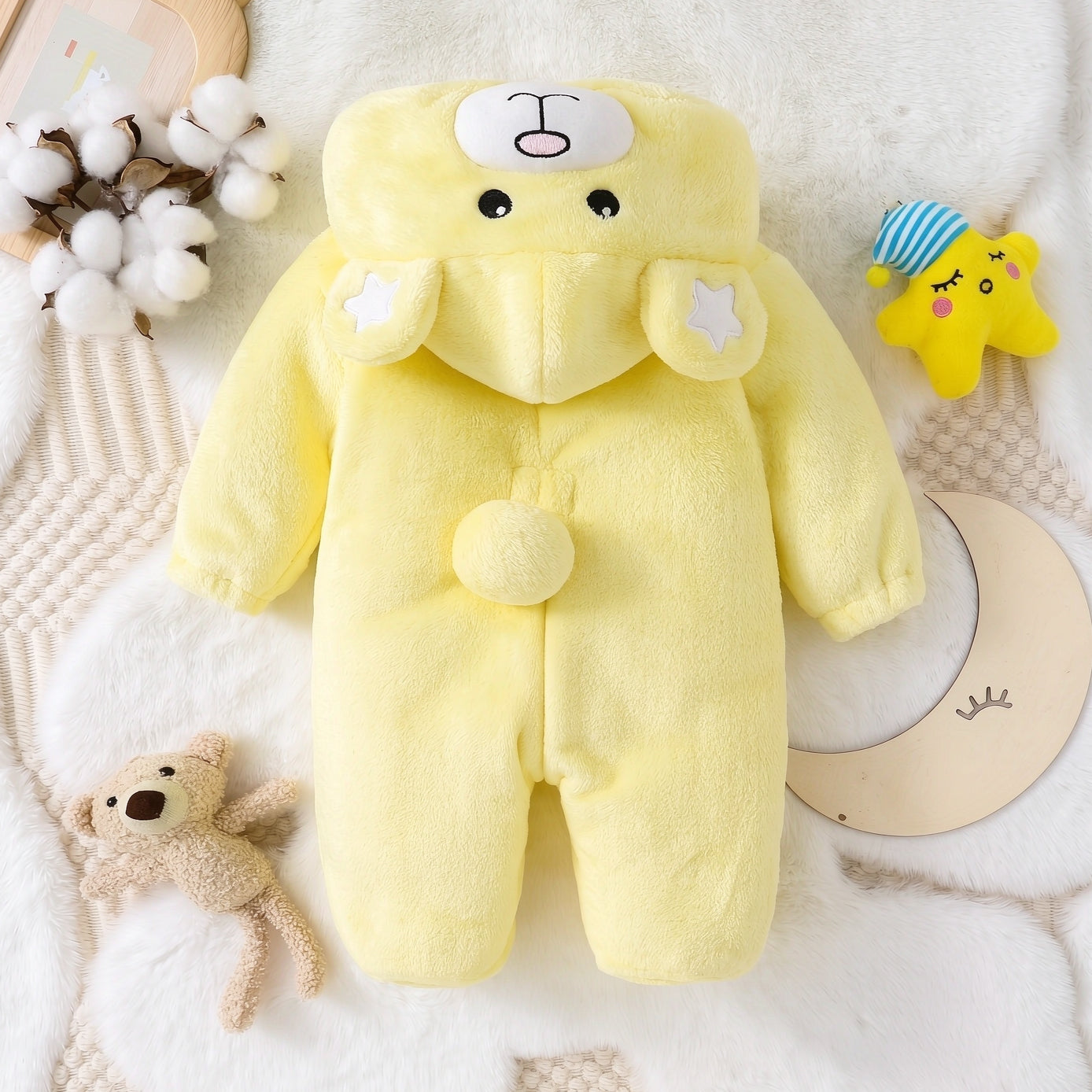 Fuzzy Bear Moon Star Embroidered Long Sleeve Zipper Baby Hoodie Jumpsuit