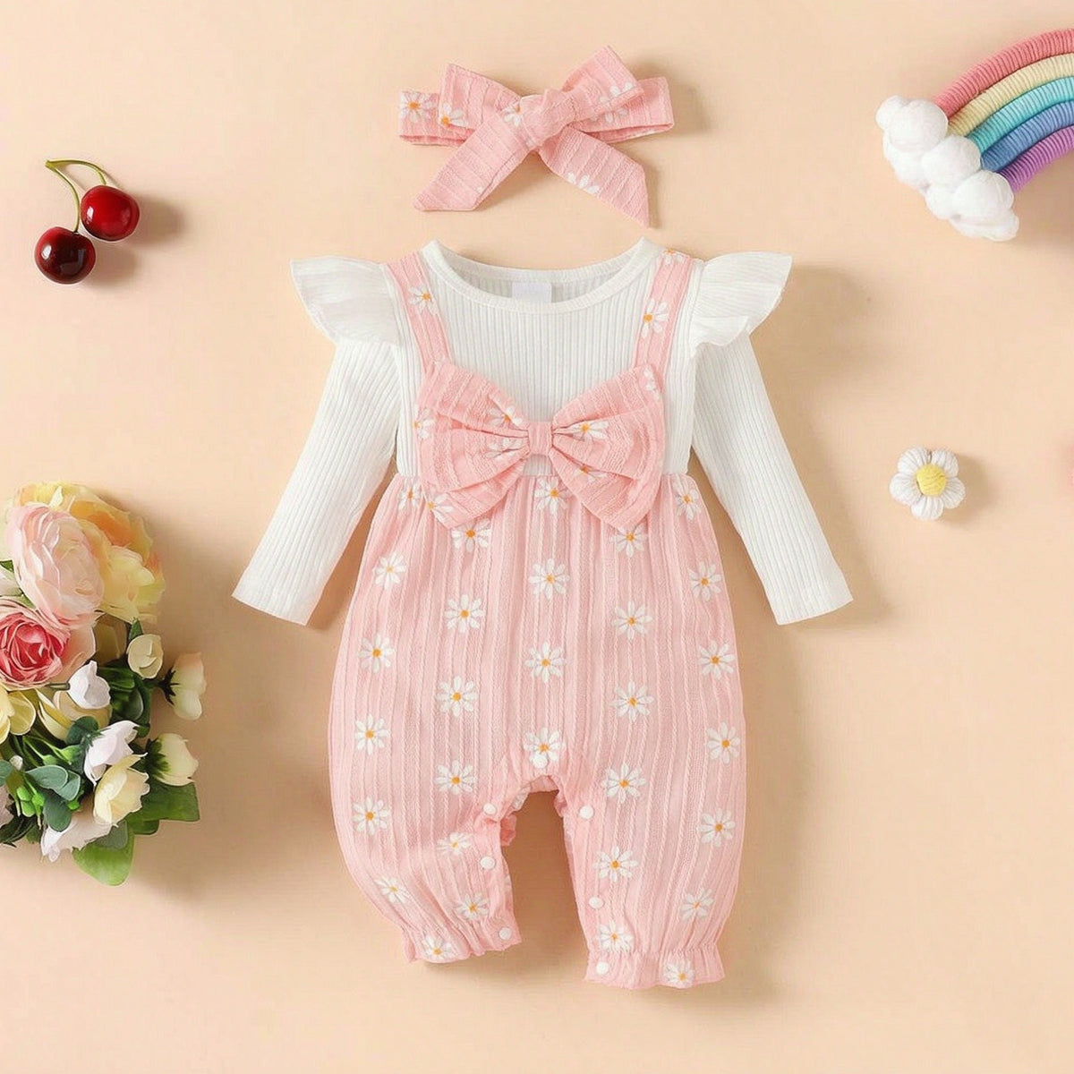 2PCS Daisy Print Faux Two-Piece Long Sleeve Baby Girl Jumpsuit Main image