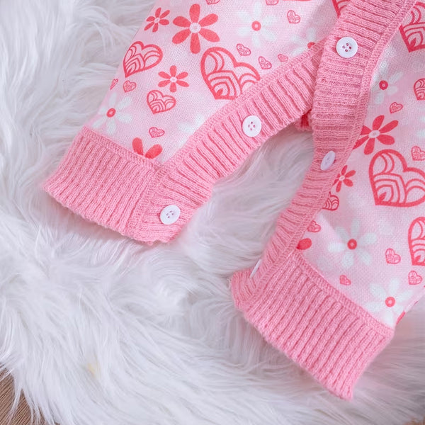 Pretty Heart Floral Print Long Sleeve Knit Baby Girl Jumpsuit