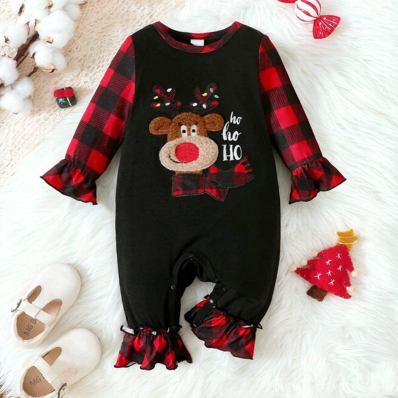 Cute Letter Print Reindeer Applique Long Sleeve Baby Girl Jumpsuit