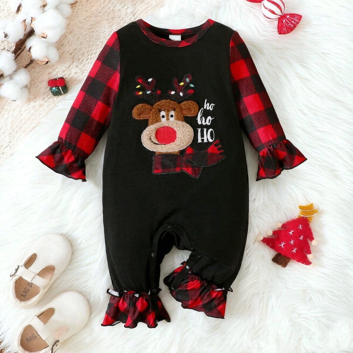 Cute Letter Print Reindeer Applique Long Sleeve Baby Girl Jumpsuit