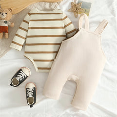2PCS Adorable Bear Stripe Print Long Sleeve Baby Overalls Set