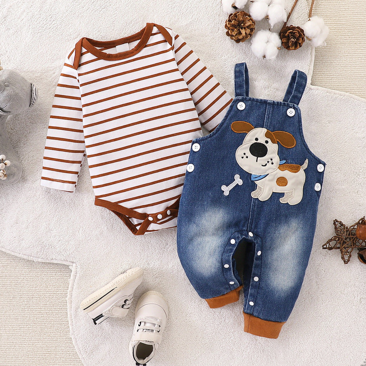 2PCS Cute Dog Stripe Print Long Sleeve Baby Denim Overalls Set Main image
