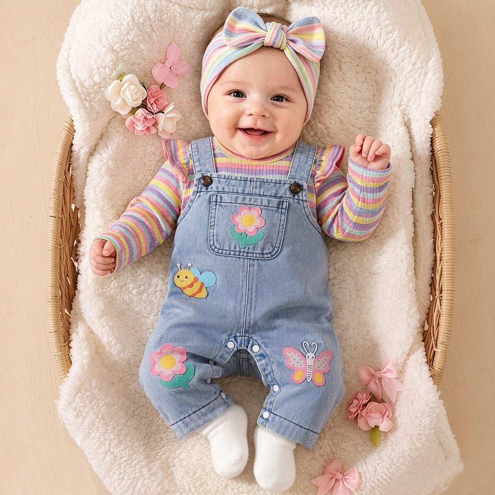 2PCS Chic Floral and Animal Print Long Sleeve Denim Baby Overalls Set Secondary image