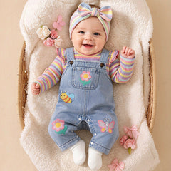 2PCS Chic Floral and Animal Print Long Sleeve Denim Baby Overalls Set