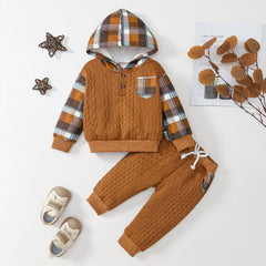 2PCS Vintage Plaid Print Long Sleeve Hoodie Baby Boy Set
