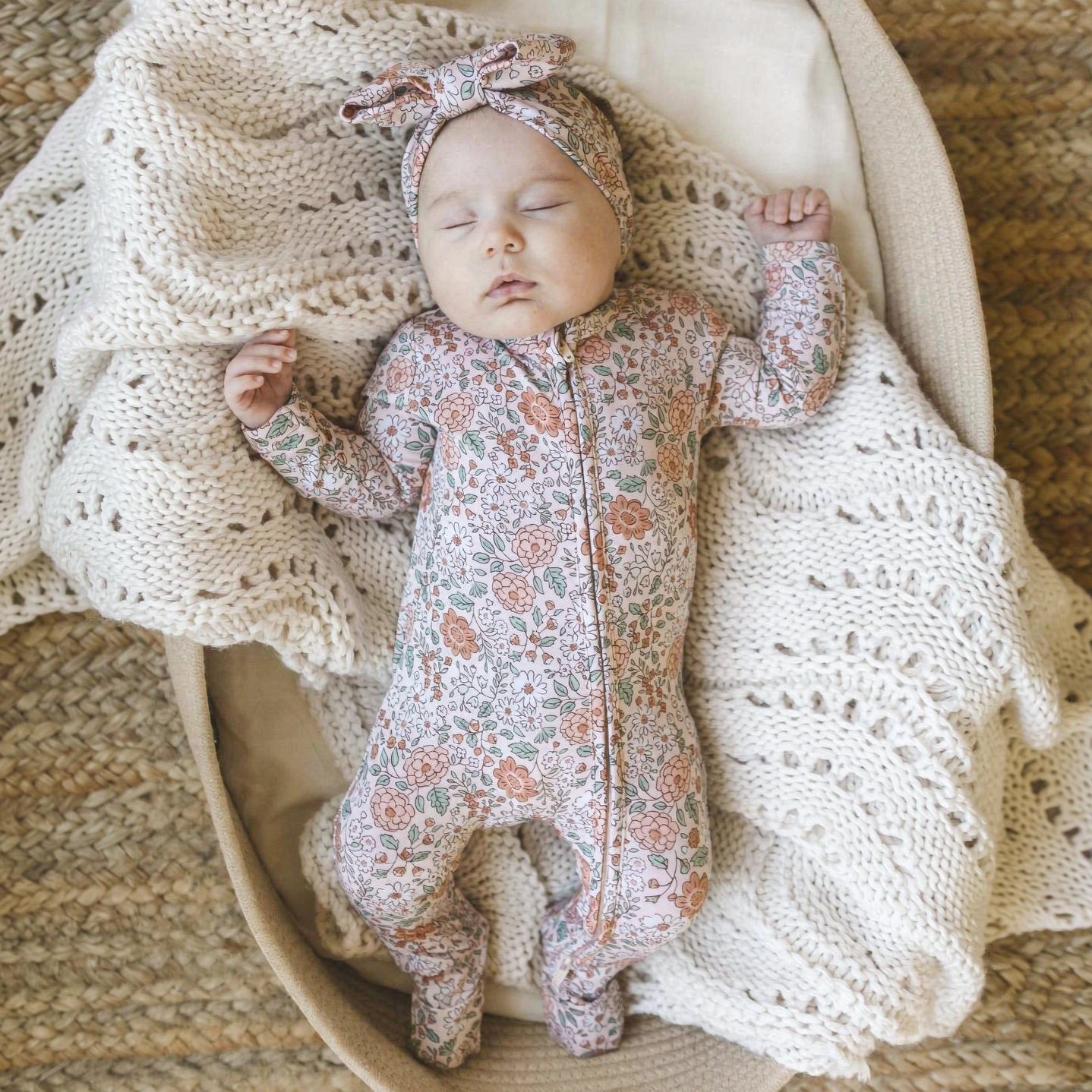 2PCS Vintage Bloom Print Long Sleeve Baby Girl Zipper Jumpsuit