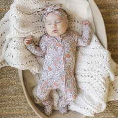 2PCS Vintage Bloom Print Long Sleeve Baby Girl Zipper Jumpsuit