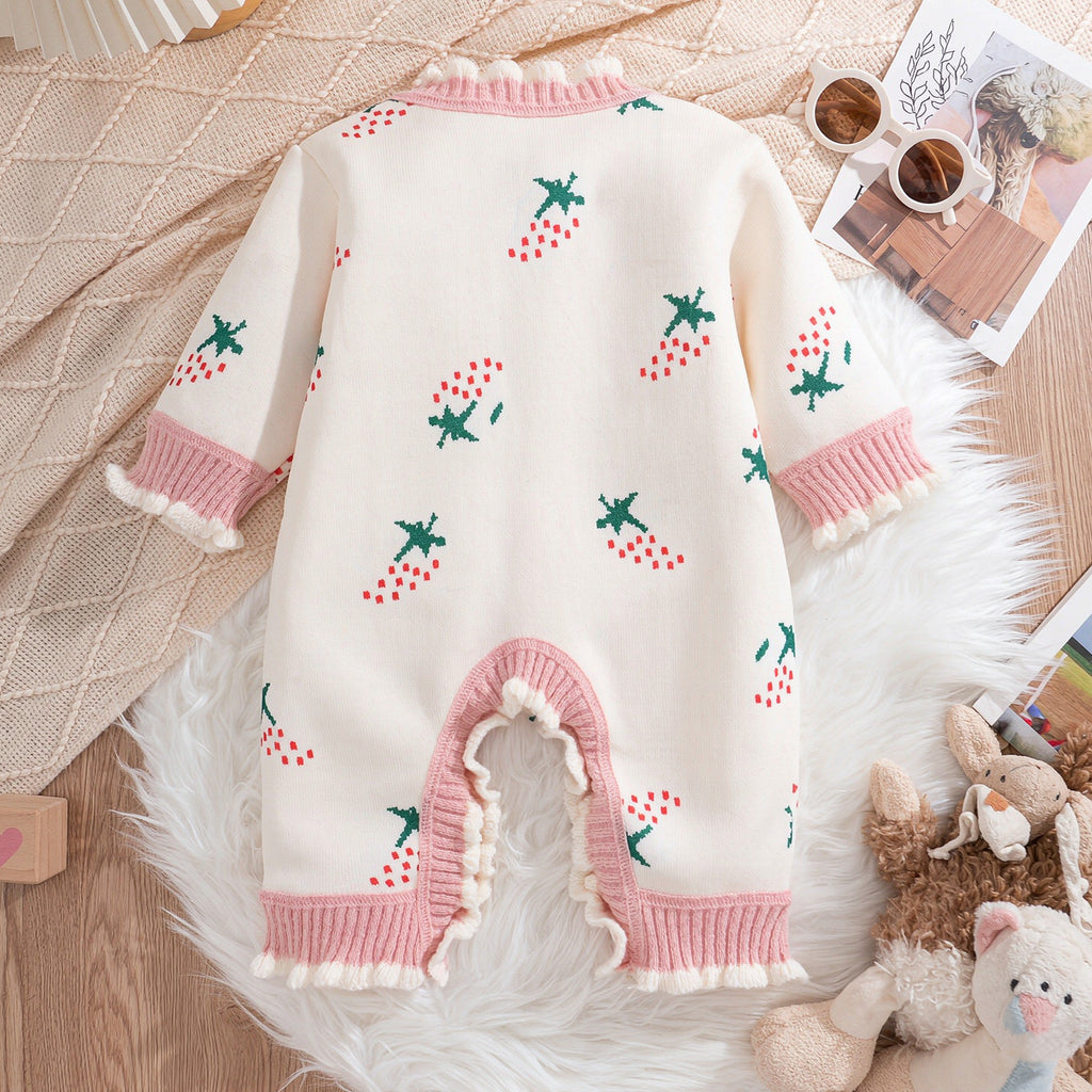 Lovely Strawberry Print Knit Long Sleeve Baby Girl Jumpsuit
