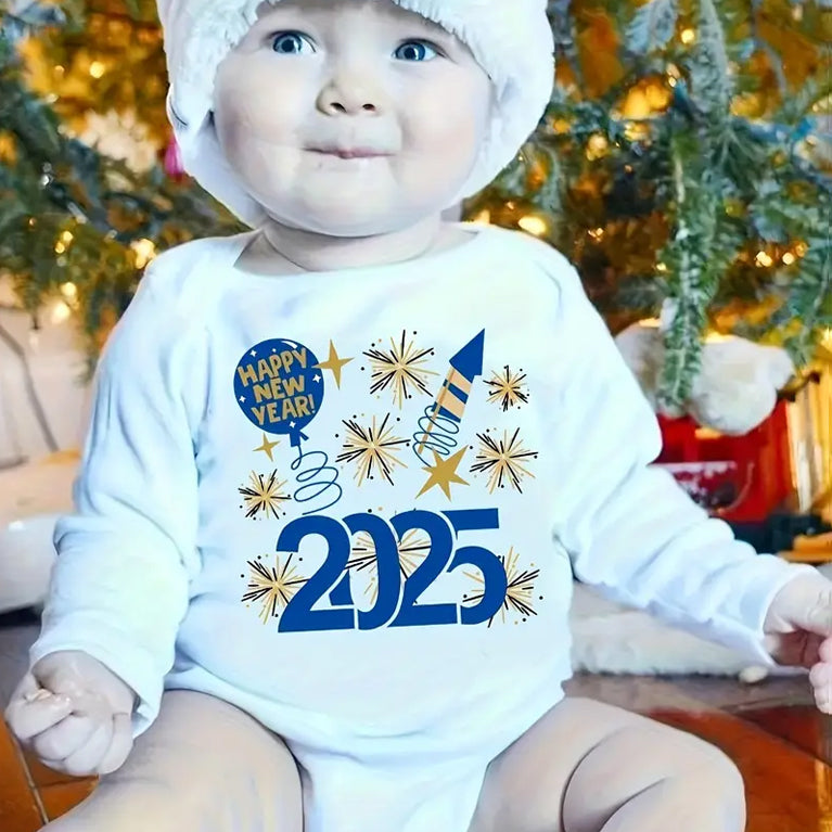 Happy New Year 2025 Letter Fireworks Printed Long Sleeve Baby Romper Imagem principal do produto