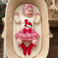 4 PCS My 1st Christmas Letter Santa Hat Plaid Print Baby Girl Set