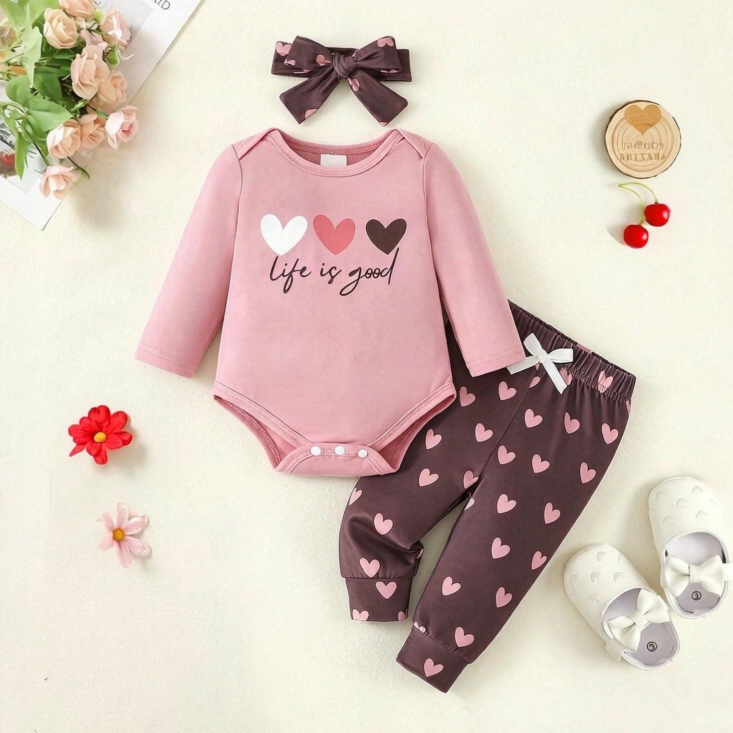 3PCS Cute Life Is Good Letter Heart Printed Baby Set