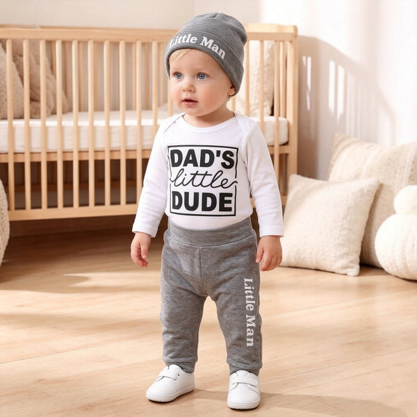 3PCS Dad's Little Dude Letter Printed Long Sleeve Baby Set