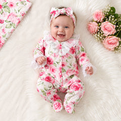 2PCS Vivid Floral Print Lace Long Sleeve Baby Girl Jumpsuit