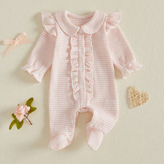 Comfy Solid Color Waffle Long Sleeve Ruffle Baby Girl Jumpsuit