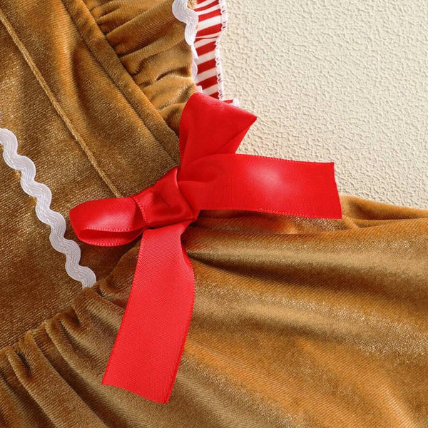 2PCS Gingerbread Man Flutter Sleeve Christmas Baby Girl Velvet Romper