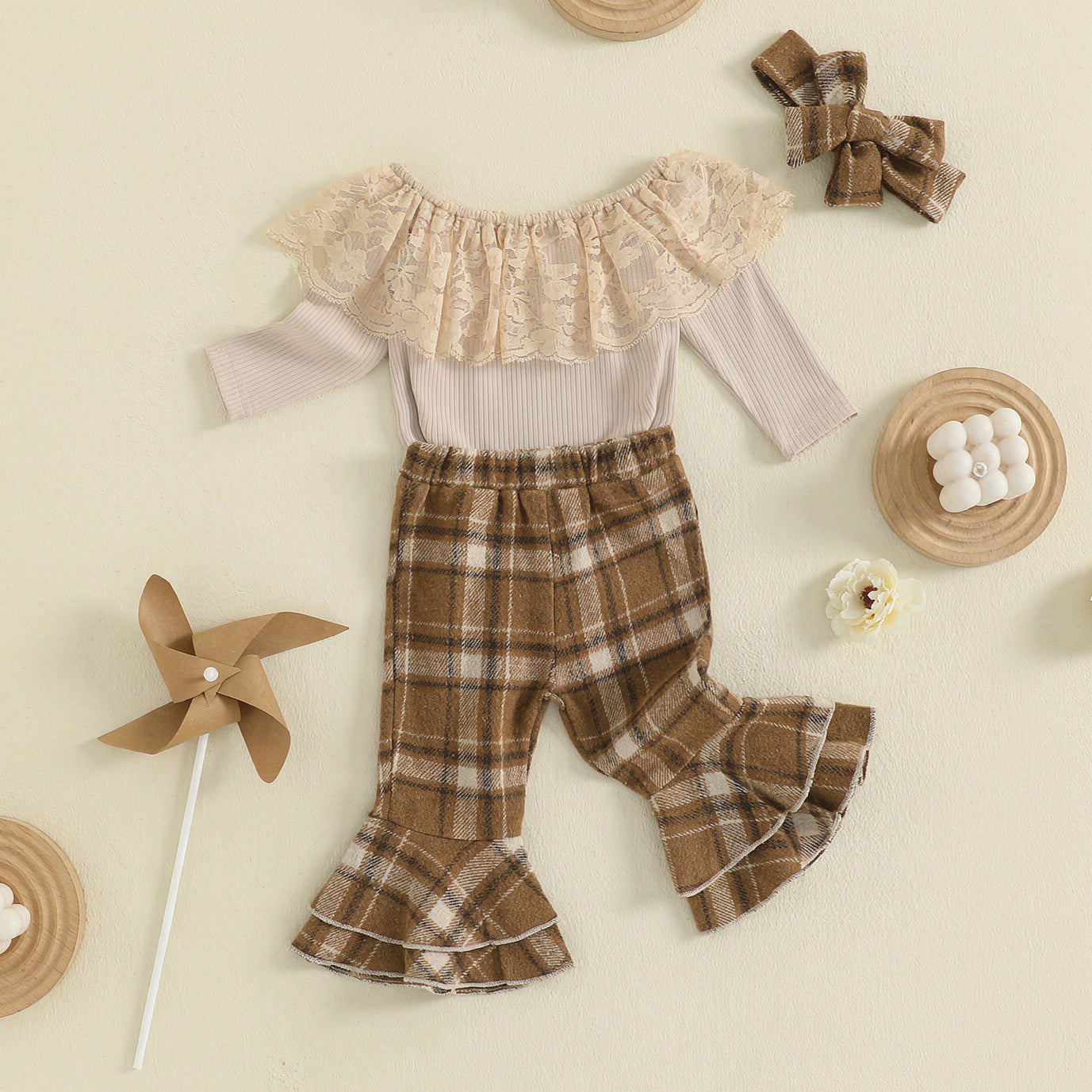 3PCS Pretty Plaid Print Lace Trim Long Sleeve Baby Girl Set Image secondaire du produit