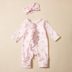 2PCS Dreamy Bow Print Long Sleeve Zipper Baby Girl Jumpsuit
