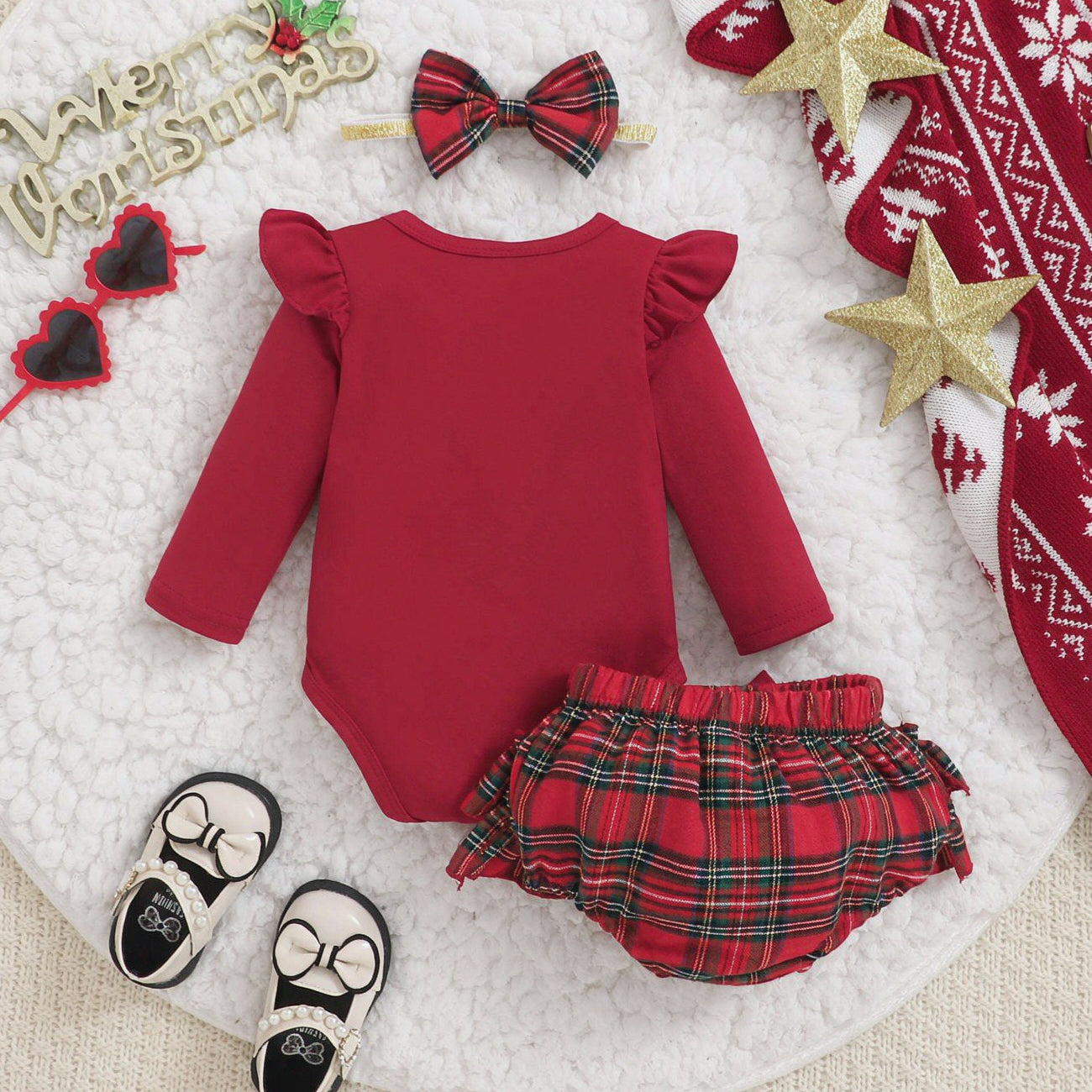 3PCS Christmas Crew Letter Plaid Print Long Sleeve Baby Set Secondary image