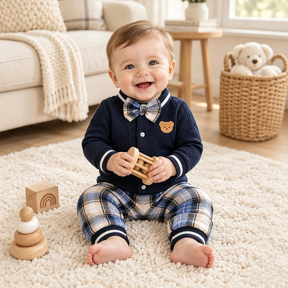 2PCS Casual Bear Applique Plaid Print Long Sleeve Baby Boy Set