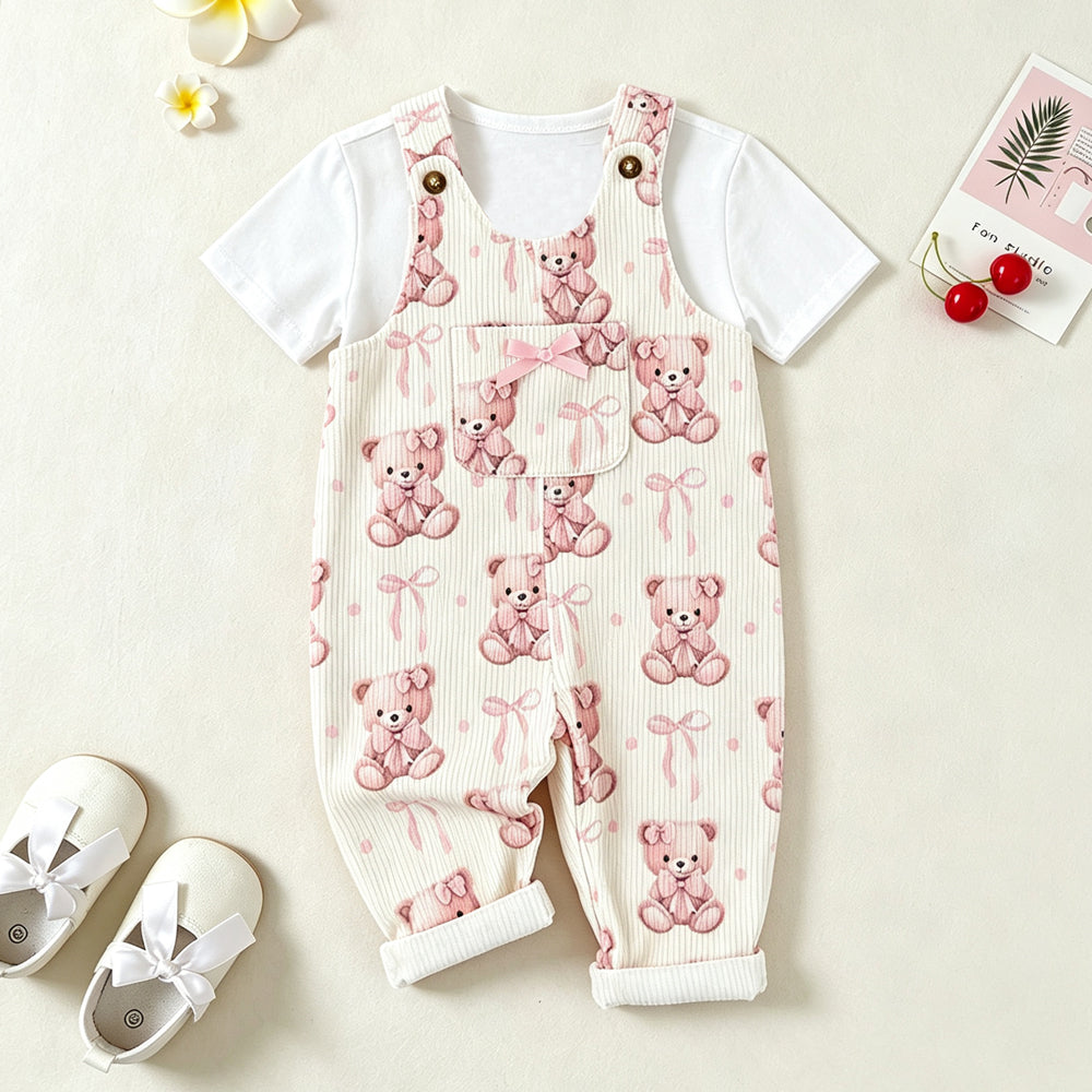 2PCS Lovely Teddy Bear Bow Print Short Sleeve Baby Overalls Set