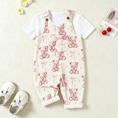 2PCS Lovely Teddy Bear Bow Print Short Sleeve Baby Overalls Set