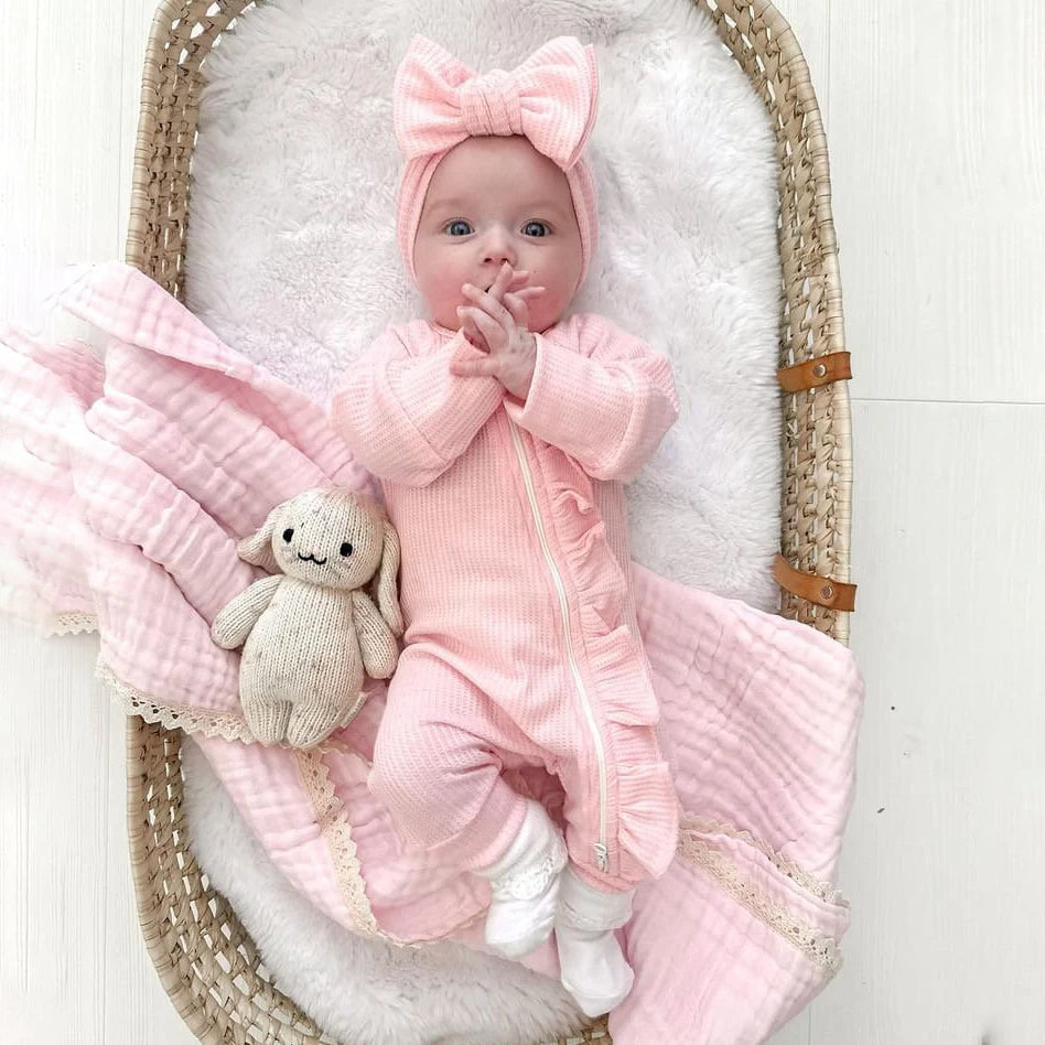 2PCS Solid Color Long Sleeve Ruffle Zipper Baby Jumpsuit Secondary image