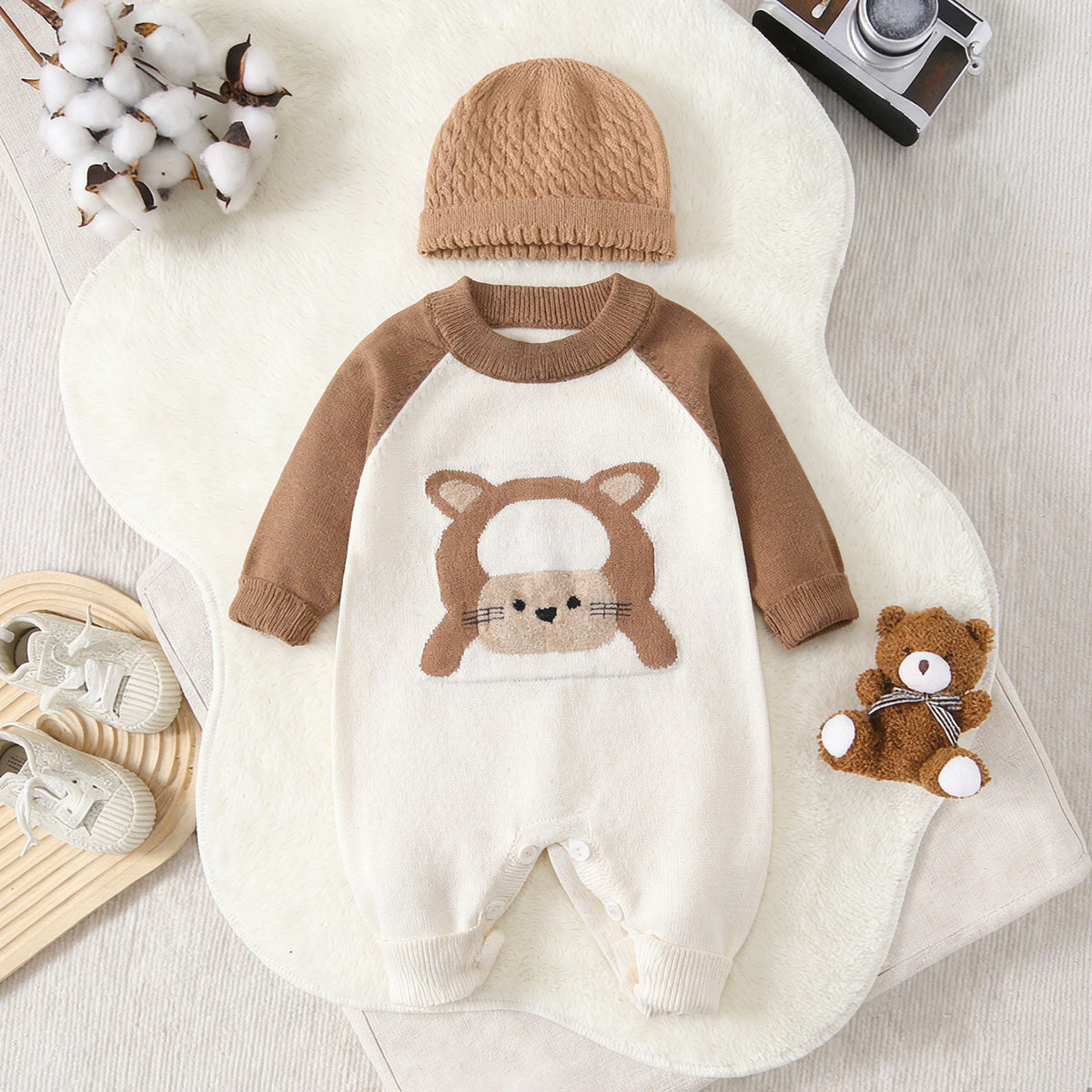 2PCS Cartoon Lamb Print Knit Long Sleeve Baby Jumpsuit Main image