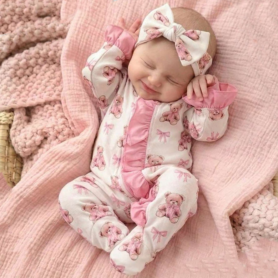 2PCS Gorgeous Bear Print Ruffle Zipper Baby Jumpsuit Main image