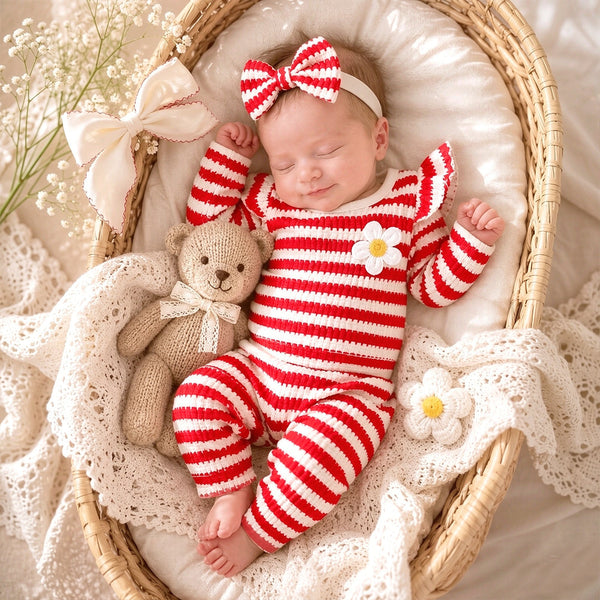 3PCS Vibrant Floral Applique Stripe Print Long Sleeve Knit Baby Set