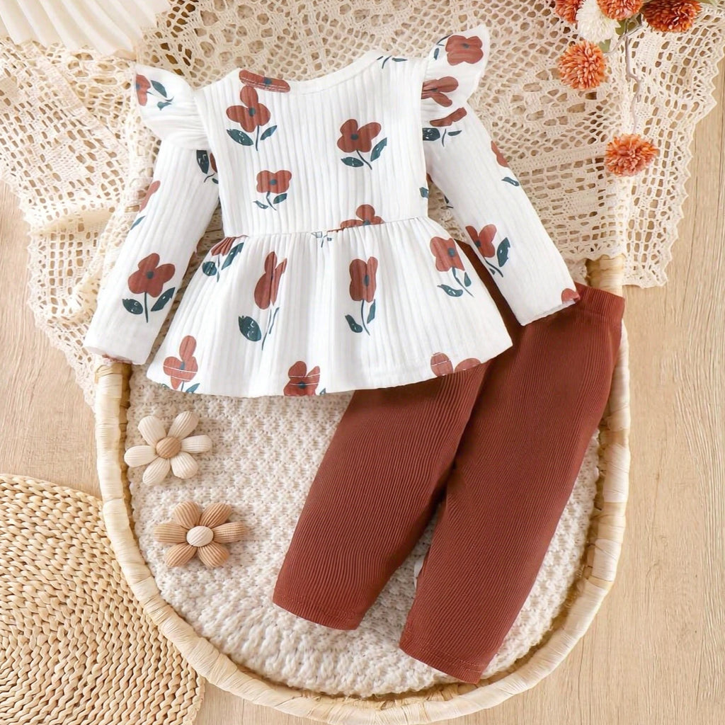 2PCS Elegant Floral Print Long Sleeve Baby Girl Set