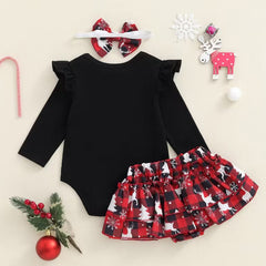 3PCS Merry Christmas Letter Reindeer Plaid Print Long Sleeve Baby Set