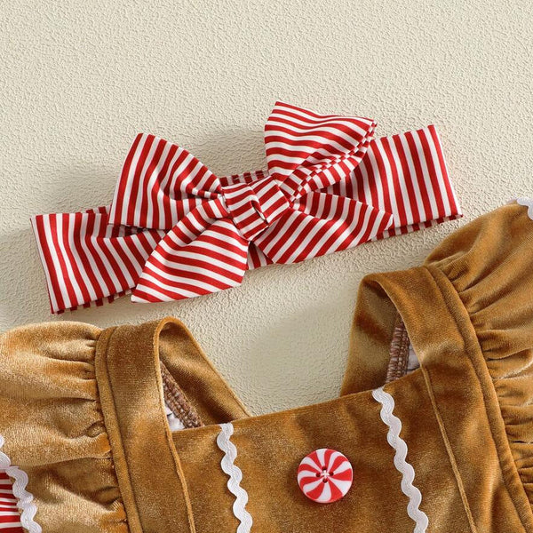 2PCS Gingerbread Man Flutter Sleeve Christmas Baby Girl Velvet Romper