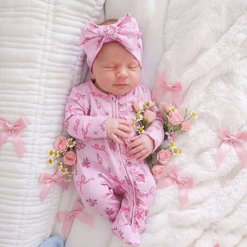 2PCS Delicate Floral Bow Print Zipper Long Sleeve Baby Girl Jumpsuit Image principale du produit