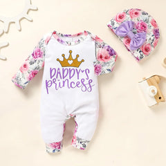 2PCS Daddy's Princess Letter Crown and Floral Print Baby Jumpsuit