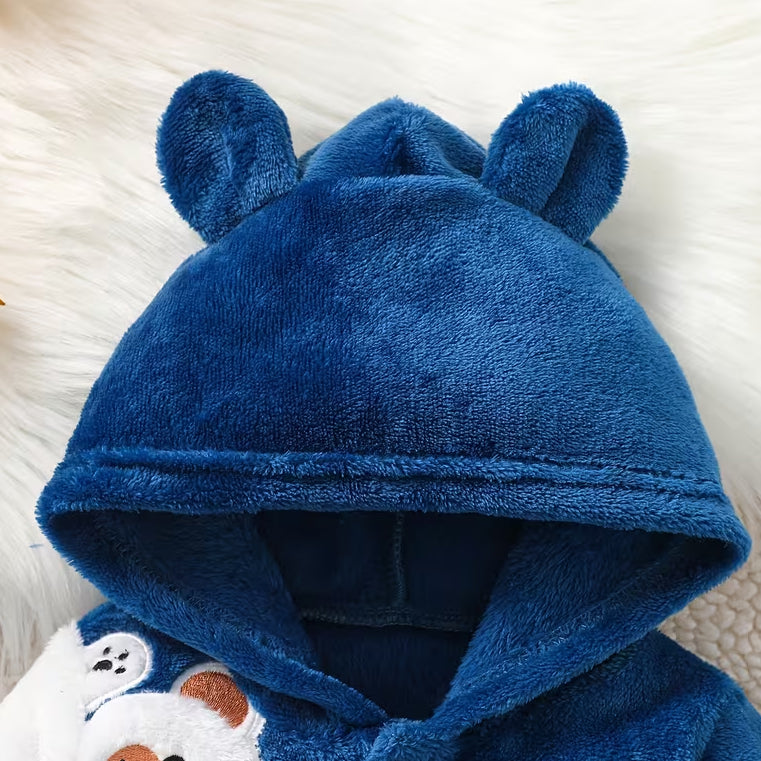Fuzzy Bear Applique Long Sleeve Baby Hoodie Jumpsuit