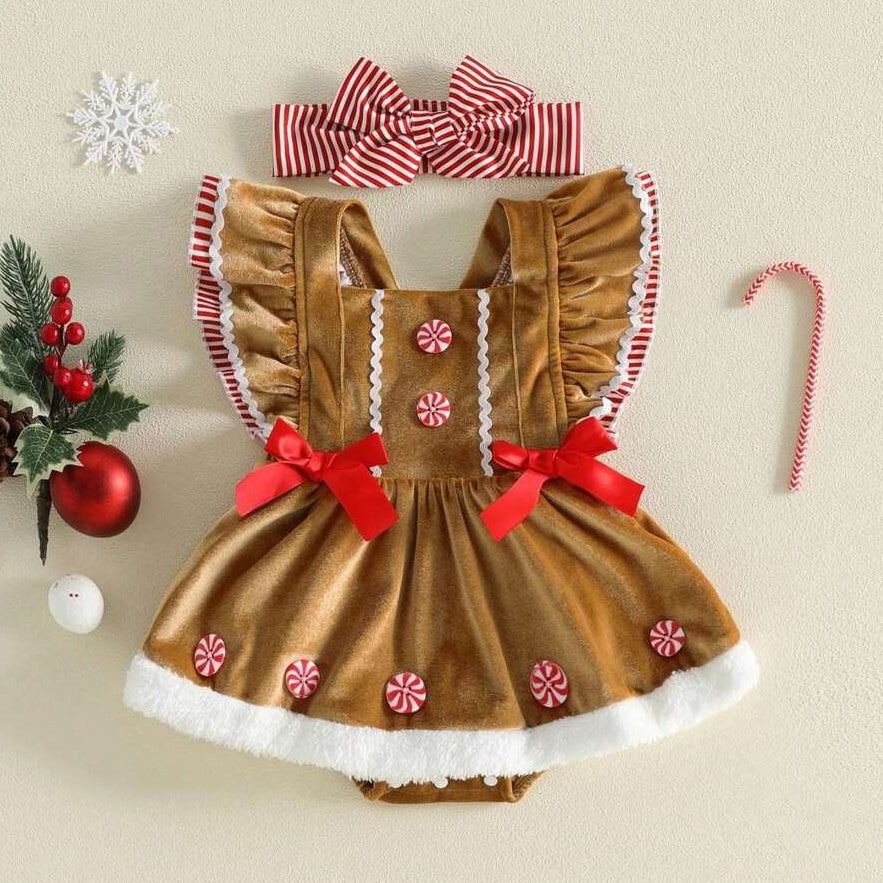 2PCS Gingerbread Man Flutter Sleeve Christmas Baby Girl Velvet Romper Main image